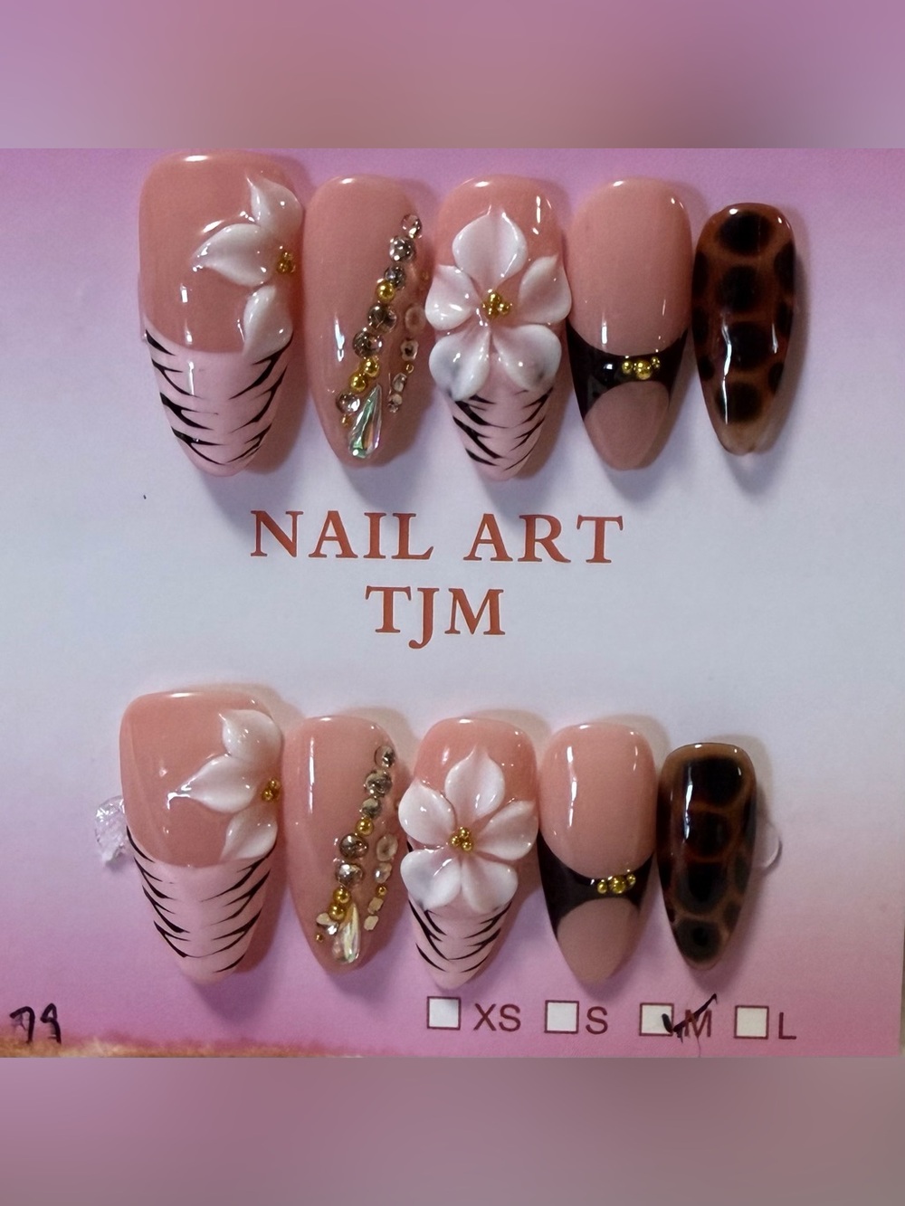 Nude Pink Floral Press-On Nail Set - 3D Flower & Jewel Accents